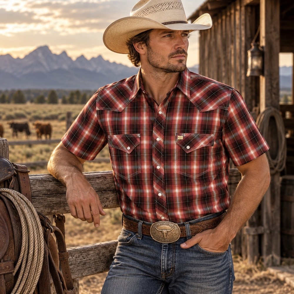Larry Mahan Cowboy Collection Mens Red Plaid Pearl Snap Western Shirt Medium